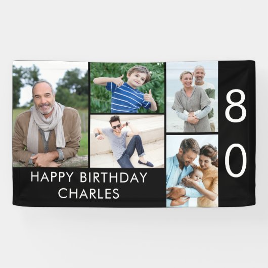 80誕生日フォトコラージュ5写真白黒 横断幕 (横)