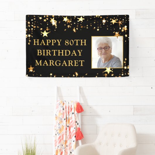 80誕生日フォトブラック金ゴールド星パーソナライズされた 横断幕 (インサイチュ)