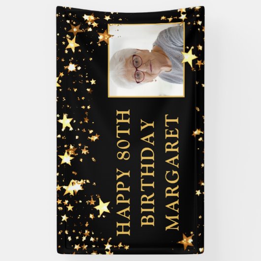 80誕生日フォトブラック金ゴールド星パーソナライズされた 横断幕 (縦)