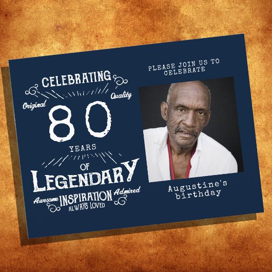 80誕生日フォトブルーヴィンテージ誕生日招待状 ポストカード