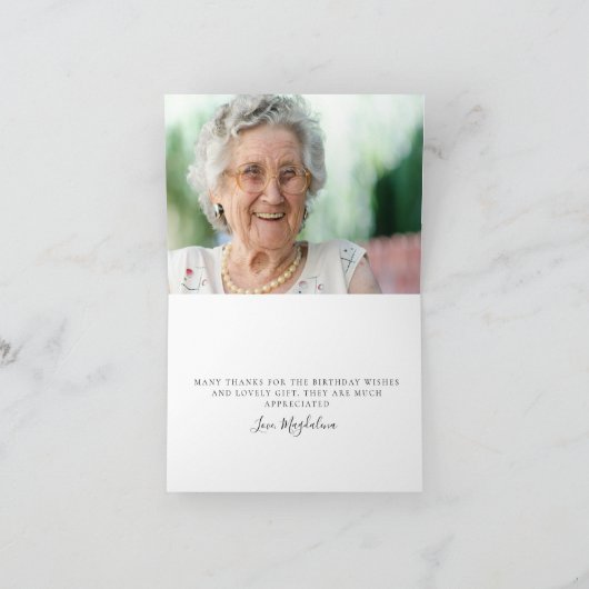 80誕生日フォト赤面ピンクフローラ折り畳み サンキューカード (内部)