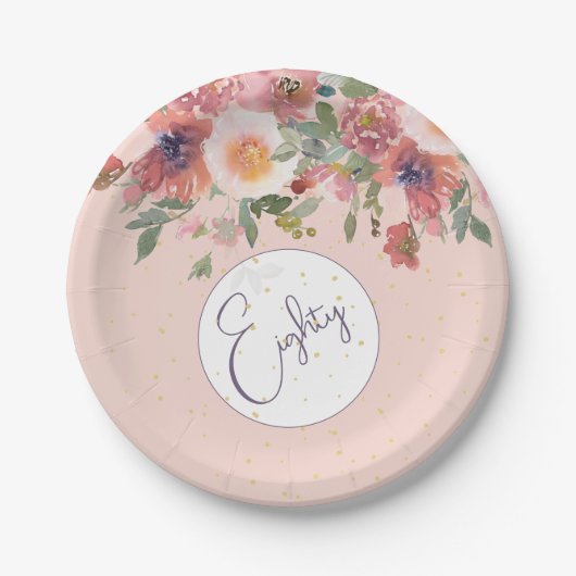 80誕生日フローラピンクローズエレガント誕生日 ペーパープレート (正面)