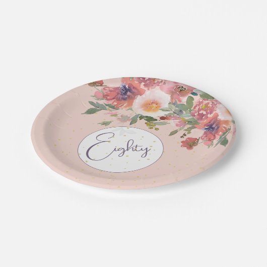 80誕生日フローラピンクローズエレガント誕生日 ペーパープレート (アングル)