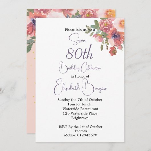 80誕生日フローラピンクローズエレガント誕生日 招待状 (正面/裏面)