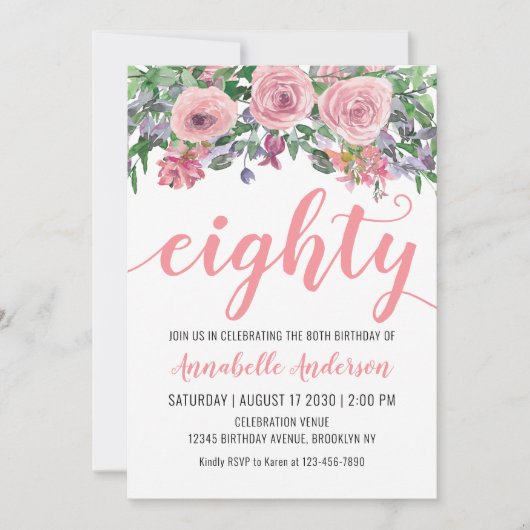 80誕生日フローラ赤面ピンクウォーター素朴カラー 招待状 (正面)