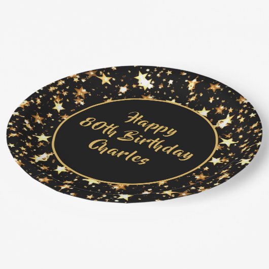 80誕生日ブラシスクリプト金ゴールドスターカスタムズブラック ペーパープレート (アングル)