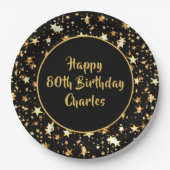 80誕生日ブラシスクリプト金ゴールドスターカスタムズブラック ペーパープレート (正面)