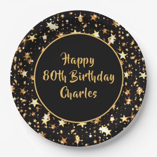 80誕生日ブラシスクリプト金ゴールドスターカスタムズブラック ペーパープレート (正面)