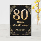 80誕生日ブラックおよび金ゴールドグリッターフレーム カード (黄色い花)