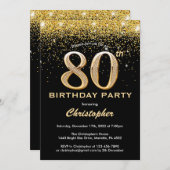 80誕生日ブラックおよび金ゴールドグリッター紙吹雪 招待状 (正面/裏面)