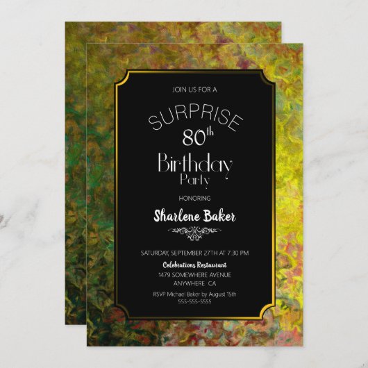80誕生日ブラックおよび金ゴールドサプライズパーティー 招待状 (正面/裏面)