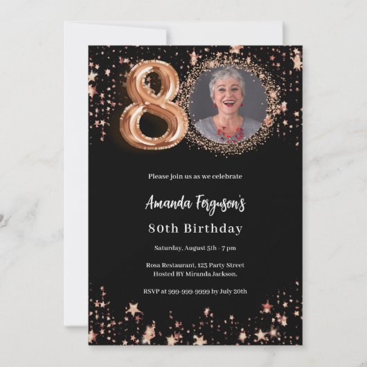 80誕生日ブラックバラ金ゴールドフォトスターズ高級 招待状 (正面)