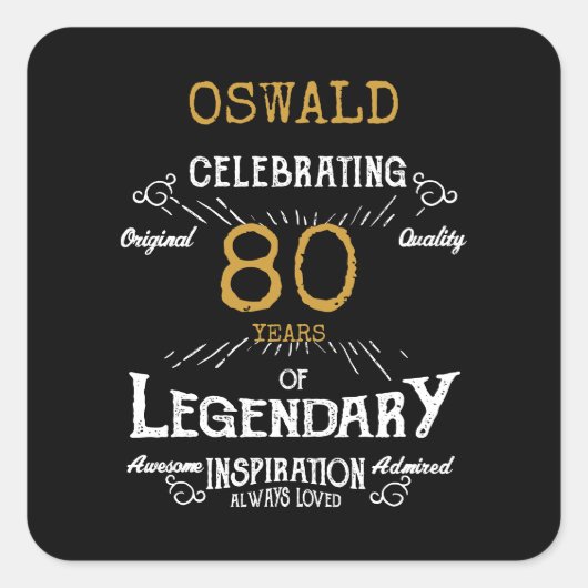 80誕生日ブラック金ゴールドレジェンダリーレトロ スクエアシール (正面)