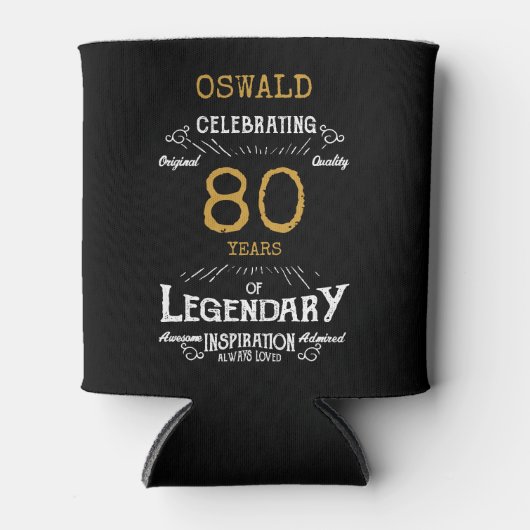 80誕生日ブラック金ゴールド伝説的おもしろい 缶クーラー (正面)