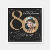 80誕生日ブラック金ゴールド書道カスタム写真 スタンダードカクテルナプキン (正面)