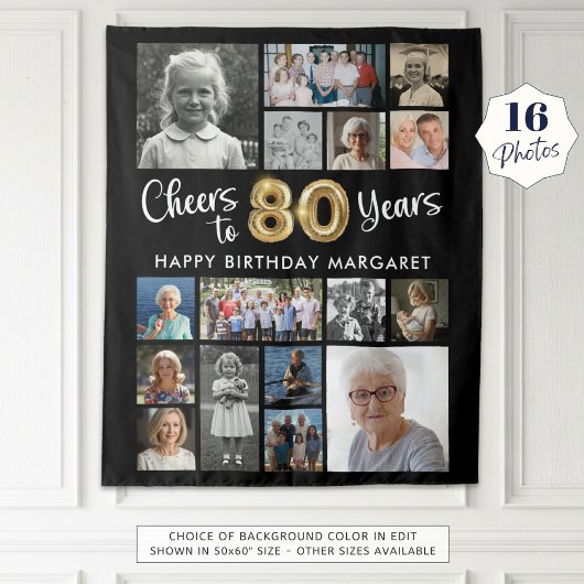80誕生日ブラック金ゴールド16フォト応援から年 タペストリー