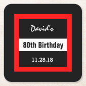 80誕生日ブラック(赤枠カスタム付きA10) スクエアペーパーコースター (正面)