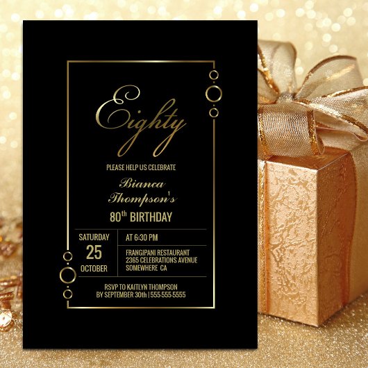 80誕生日ブラック(金ゴールドフレームパーティー) 招待状