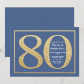 80誕生日ブルーと金ゴールドグリッター 招待状 (正面/裏面)