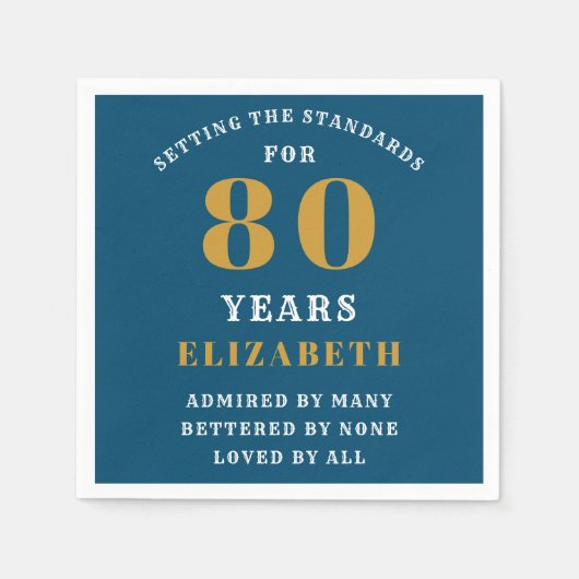 80誕生日ブルーと金ゴールド名の追加 スタンダードカクテルナプキン (正面)