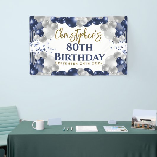 80誕生日ブルーバルーンパーティーへようこそ 横断幕 (トレードショー)