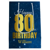 80誕生日ブルー宇宙タイポグラフィ ミディアムペーパーバッグ (裏面)
