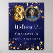 80誕生日ブルー金ゴールド星写真ようこそ ポスター (正面)