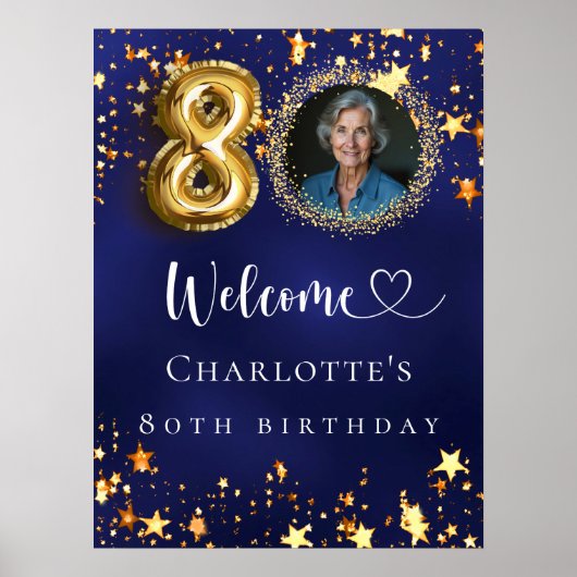 80誕生日ブルー金ゴールド星写真ようこそ ポスター (正面)