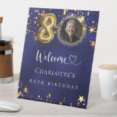 80誕生日ブルー金ゴールド星写真ようこそ 台座サイン (インサイチュ)
