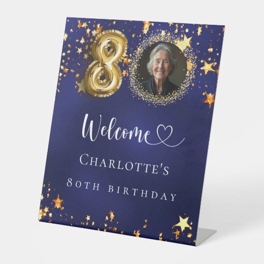 80誕生日ブルー金ゴールド星写真ようこそ 台座サイン (正面)