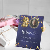 80誕生日ブルー金ゴールド星写真ようこそ 台座サイン