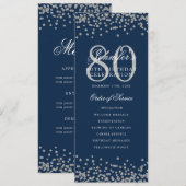 80誕生日プログラムシルバー紙吹雪メニューNavy Blue 招待状 (正面/裏面)