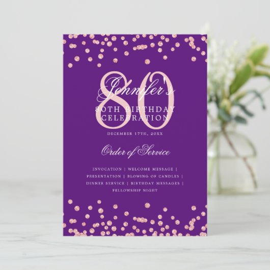 80誕生日プログラムメニューバラ金ゴールド紫 招待状 (スタンド正面)