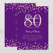 80誕生日プログラムメニューバラ金ゴールド紫 招待状 (正面/裏面)