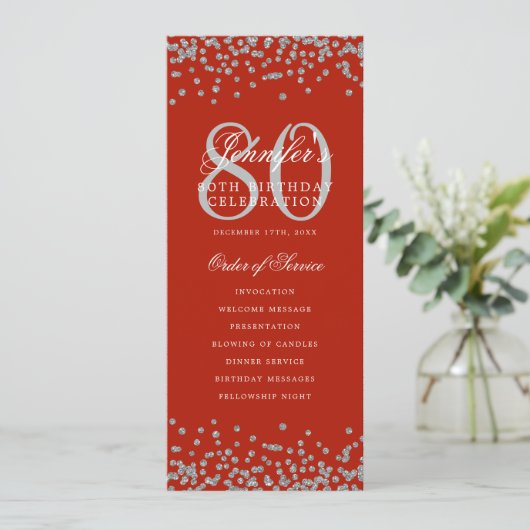 80誕生日プログラムメニュ感謝していーシルバーレッド 招待状 (スタンド正面)