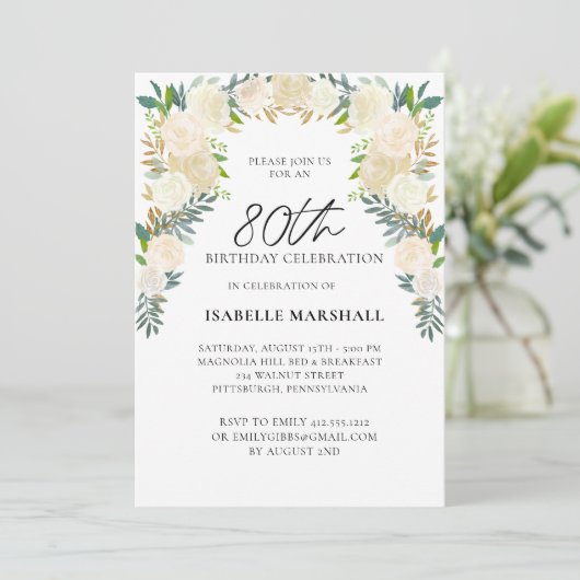 80誕生日ホワイトローズフローラスクリプトパーティー 招待状 (スタンド正面)