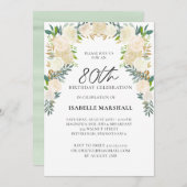 80誕生日ホワイトローズフローラスクリプトパーティー 招待状 (正面/裏面)