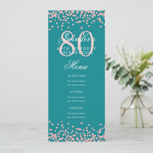 80誕生日メニューバラ金ゴールド紙吹雪ターコイズ 招待状 (スタンド正面)