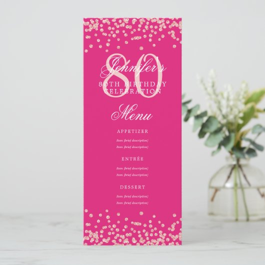 80誕生日メニューバラ金ゴールド紙吹雪ホットピンク 招待状 (スタンド正面)