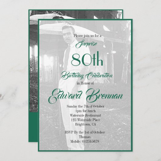 80誕生日モノグラムエレガントグリーンフレーム写真 招待状 (正面/裏面)