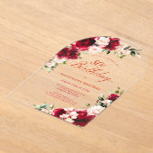 80誕生日レッドローズピンク牡丹フローラアーチ アクリル招待状 (レイダウン)