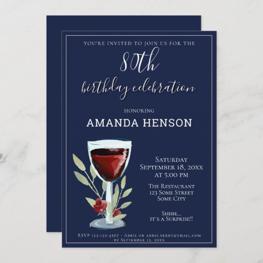 80誕生日レッドワインネイビーブルーパーティー 招待状 (正面/裏面)