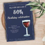 80誕生日レッドワインネイビーブルーパーティー 招待状<br><div class="desc">80誕生日赤ワイン海軍ブルーパーティの招待状。シンプル80歳モダンの誕生日パーティーの招待状。招待状は、ネイビーの青い背景に赤のワイングラスを持つ。文字は白で、完全にカスタマイズ可能 – あなたの名前でカスタマイズ – 任意の年齢 – 30th 40th 50th 60th 80th 90th 100th、任意の年齢、日付、場所とRSVP。</div>