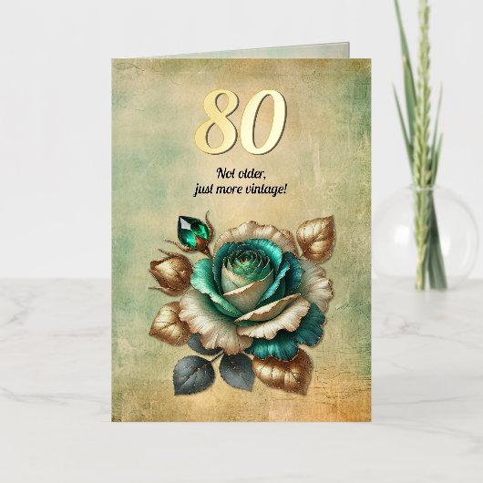 80誕生日ヴィンテージエメラルドグリーンバラフラワー 箔グリーティングカード (正面)
