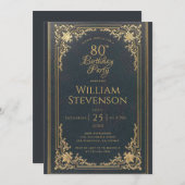 80誕生日ヴィンテージ金ゴールドオンネイビーブルーエレガント 招待状 (正面/裏面)