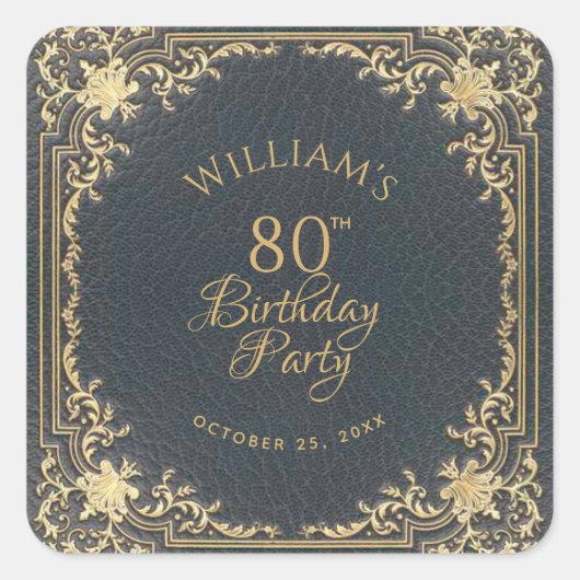 80誕生日ヴィンテージ青金ゴールドスクリプトエレガント スクエアシール (正面)