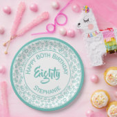 80誕生日乱数パターンティール(緑がかった色)/白 ペーパープレート (パーティー)