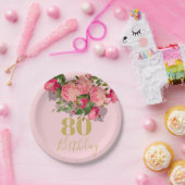 80誕生日八十ピンクローズエレガント ペーパープレート (パーティー)