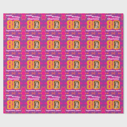 80誕生日写真明るい女の子ピンクのギフトラップ ラッピングペーパー (フラット)