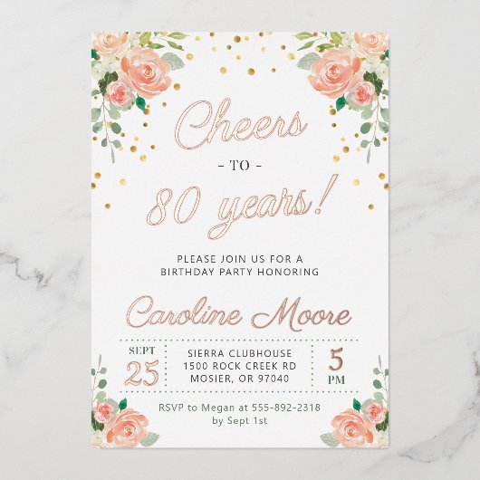 80誕生日応援から80年レディースバラ金ゴールド 箔招待状 (正面)